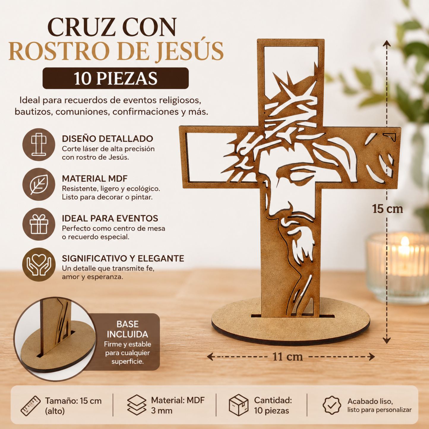10pz Centros de Mesa Recuerdos para Bautizo Primera Comunión XV años Cruz Cristo Rostro