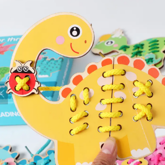 Juego de placas de dinosaurios Montessori para enlazar con agujetas