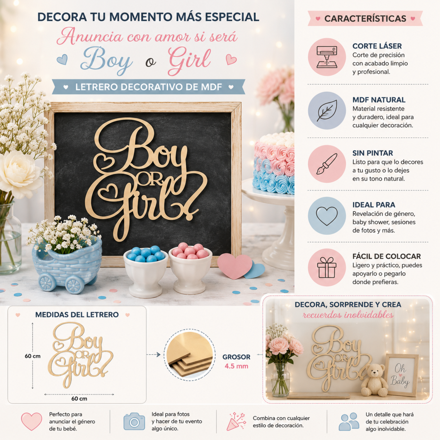 Letrero de decoración Revelación de Genero, Gender Reveal Baby shower Buatizo 60x60 cm