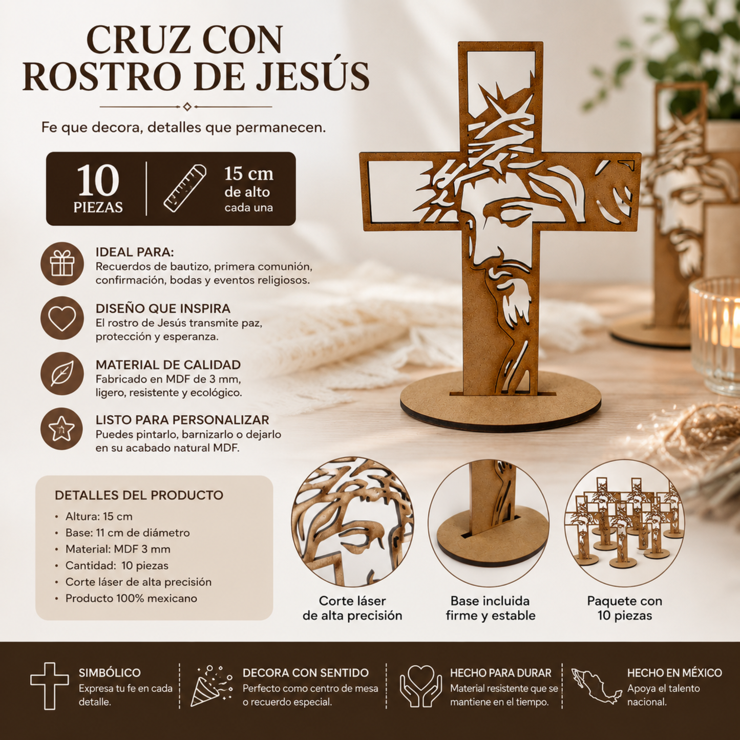 10pz Centros de Mesa  Recuerdos para Bautizo Primera Comunión XV años Cruz Cristo Rostro