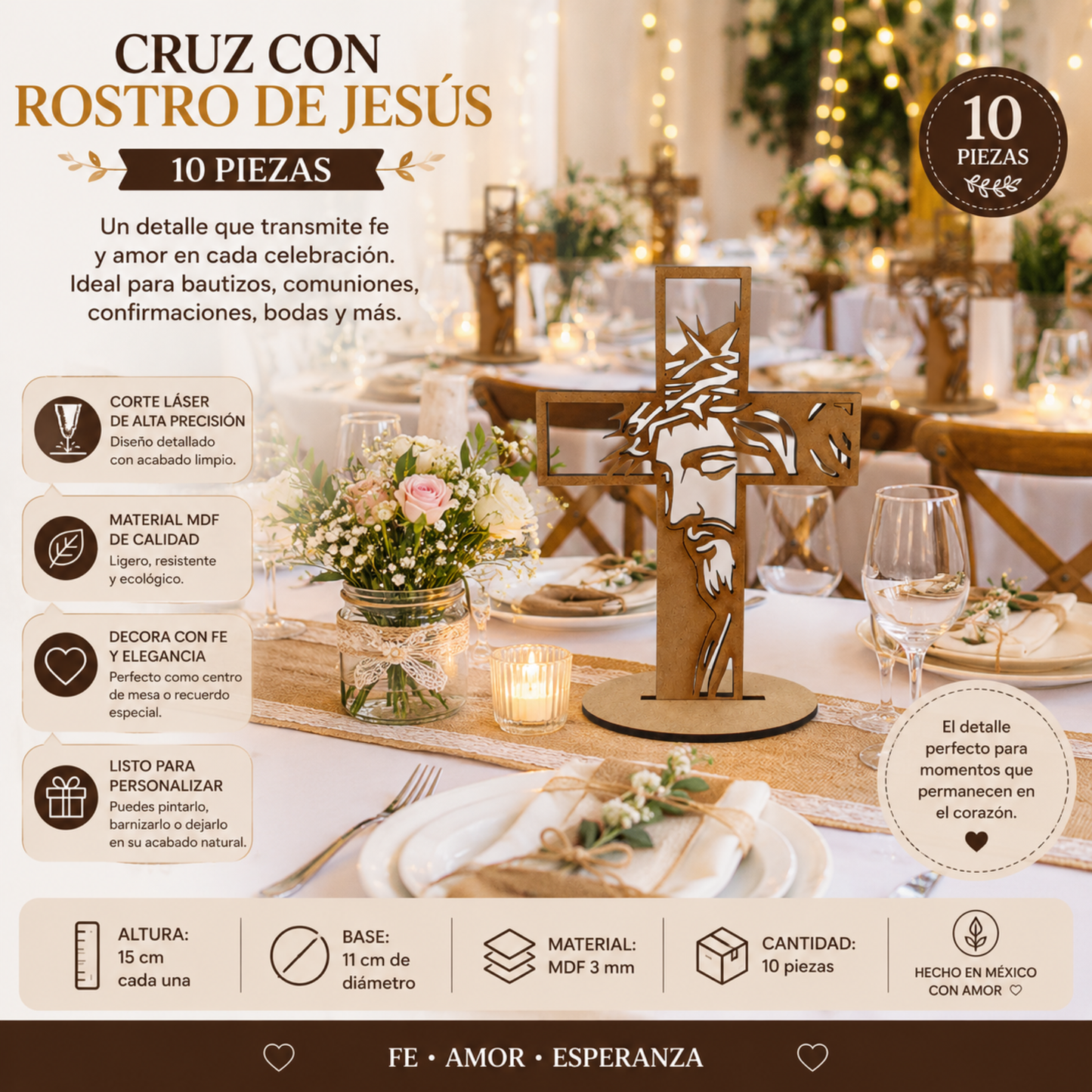 10pz Centros de Mesa  Recuerdos para Bautizo Primera Comunión XV años Cruz Cristo Rostro