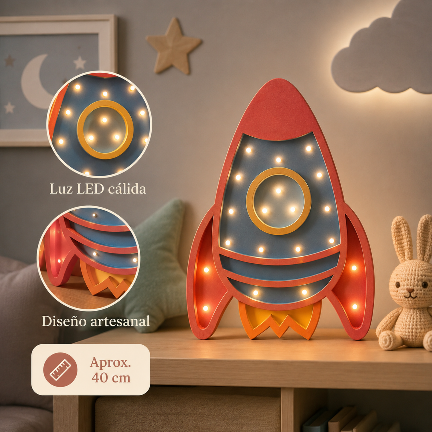 Lámpara De Noche Cohete Infantil Led Para Recámara En Mdf 40 Cm
