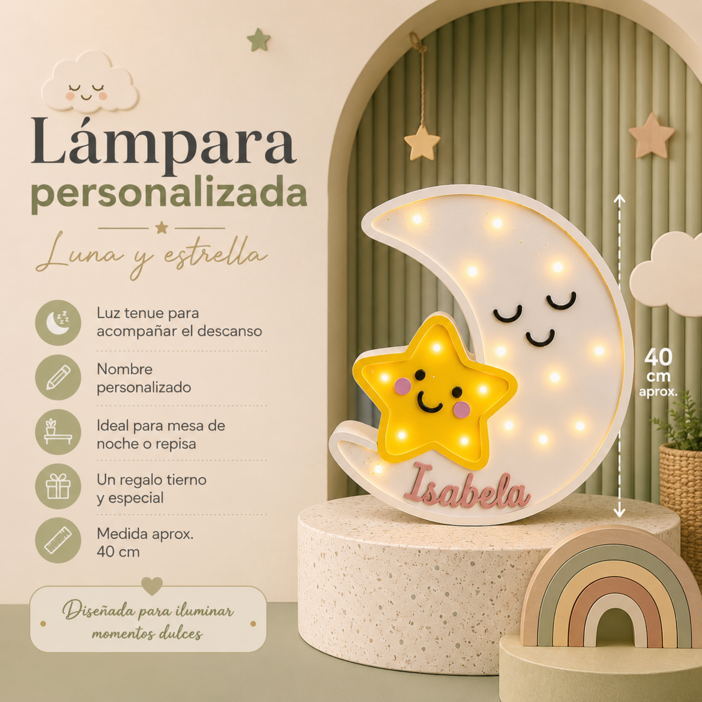 Lámpara De Noche Luna Nombre Infantil Led Para Recámara En Mdf 40 Cm