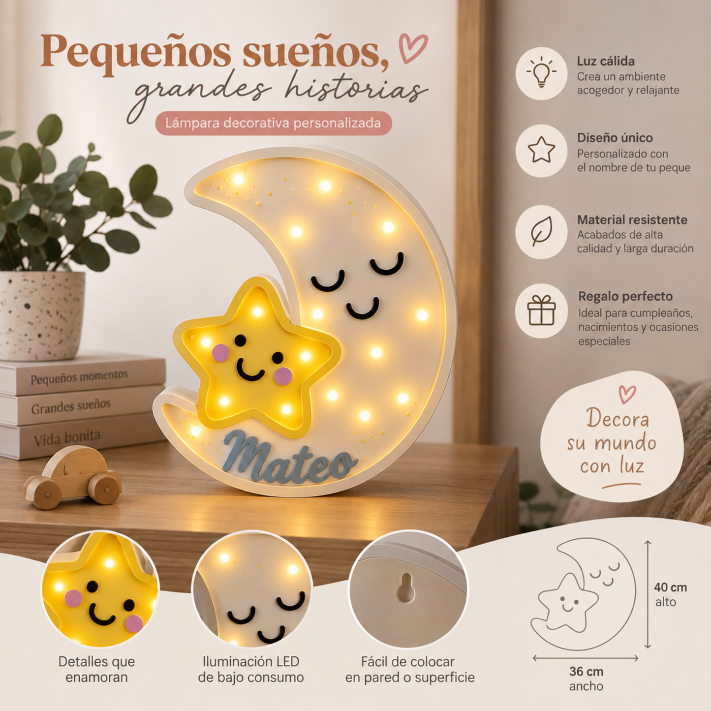 Lámpara De Noche Luna Nombre Infantil Led Para Recámara En Mdf 40 Cm