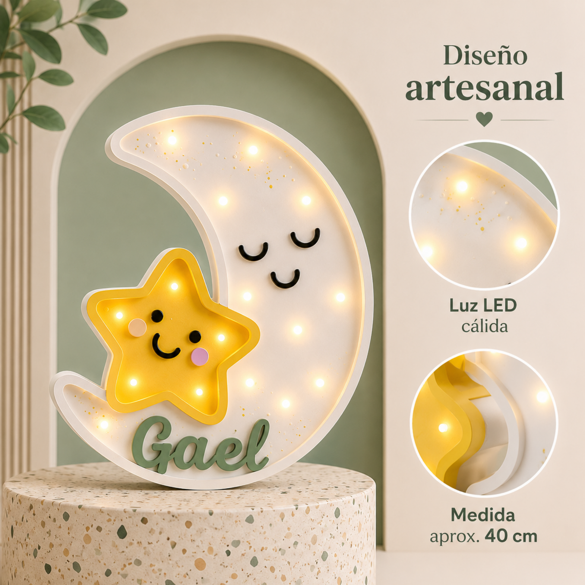 Lámpara De Noche Luna Nombre Infantil Led Para Recámara En Mdf 40 Cm