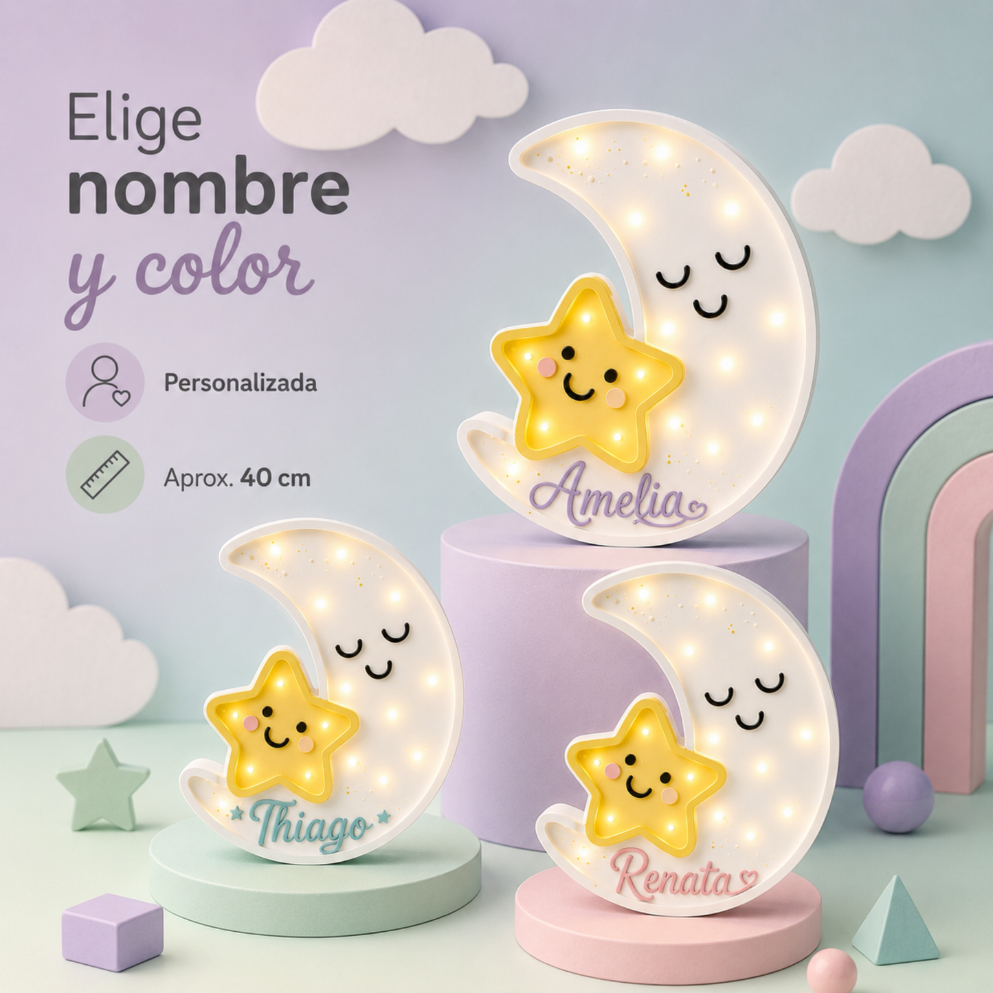 Lámpara De Noche Luna Nombre Infantil Led Para Recámara En Mdf 40 Cm