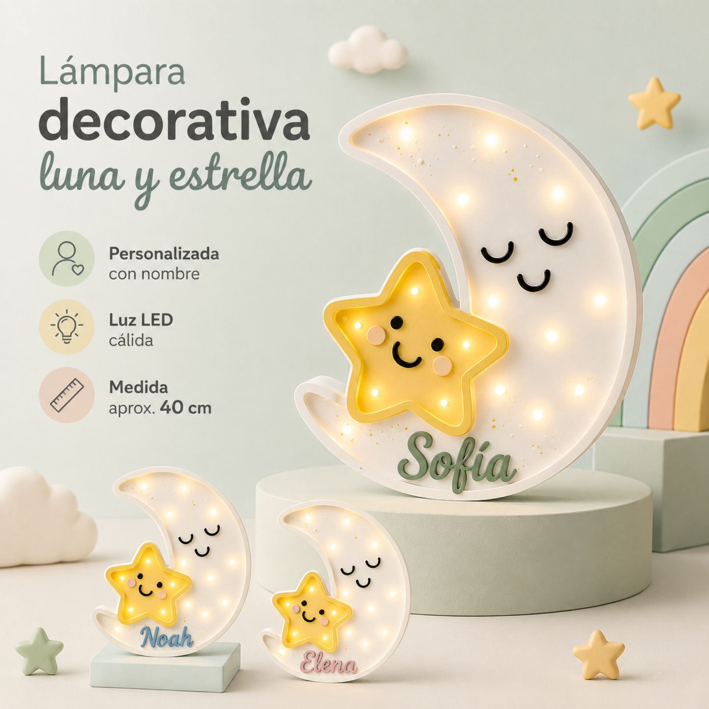 Lámpara De Noche Luna Nombre Infantil Led Para Recámara En Mdf 40 Cm