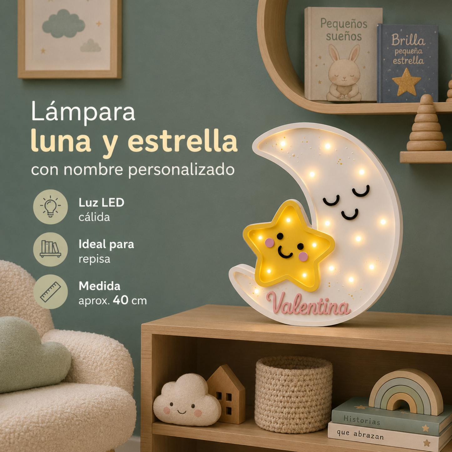 Lámpara De Noche Luna Nombre Infantil Led Para Recámara En Mdf 40 Cm