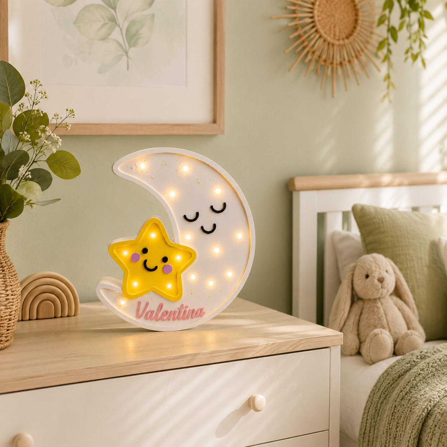 Lámpara De Noche Luna Nombre Infantil Led Para Recámara En Mdf 40 Cm