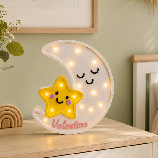 Lámpara De Noche Luna Nombre Infantil Led Para Recámara En Mdf 40 Cm