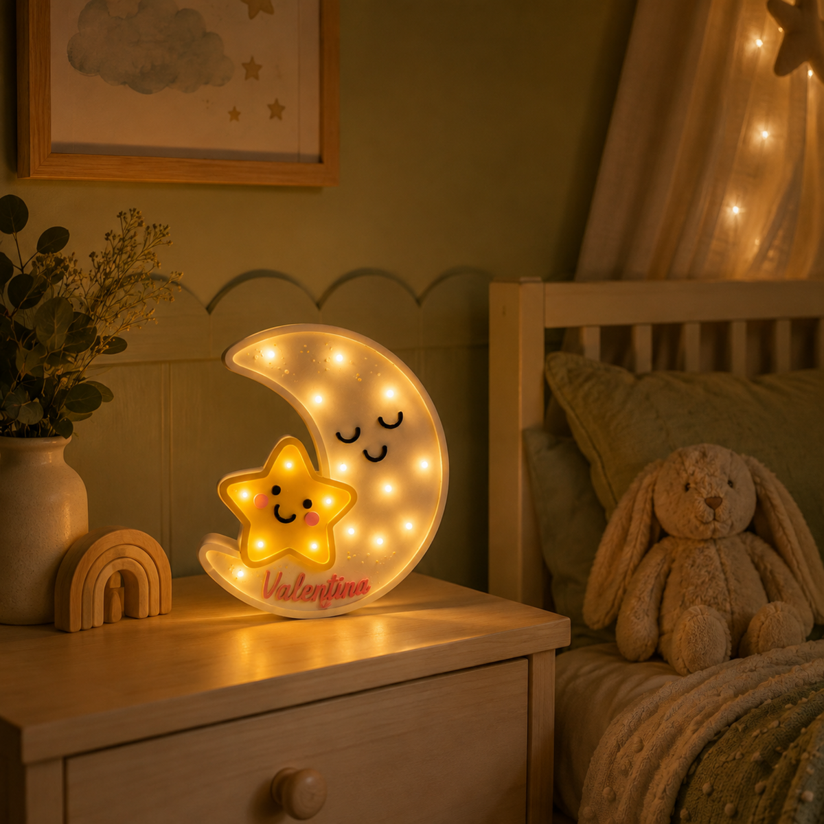 Lámpara De Noche Luna Nombre Infantil Led Para Recámara En Mdf 40 Cm