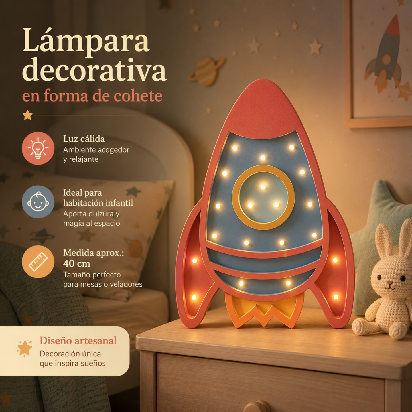 Lámpara De Noche Cohete Infantil Led Para Recámara En Mdf 40 Cm