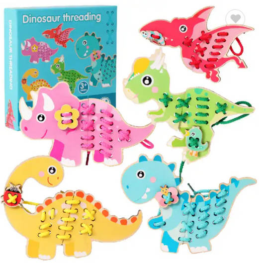 Juego de placas de dinosaurios Montessori para enlazar con agujetas