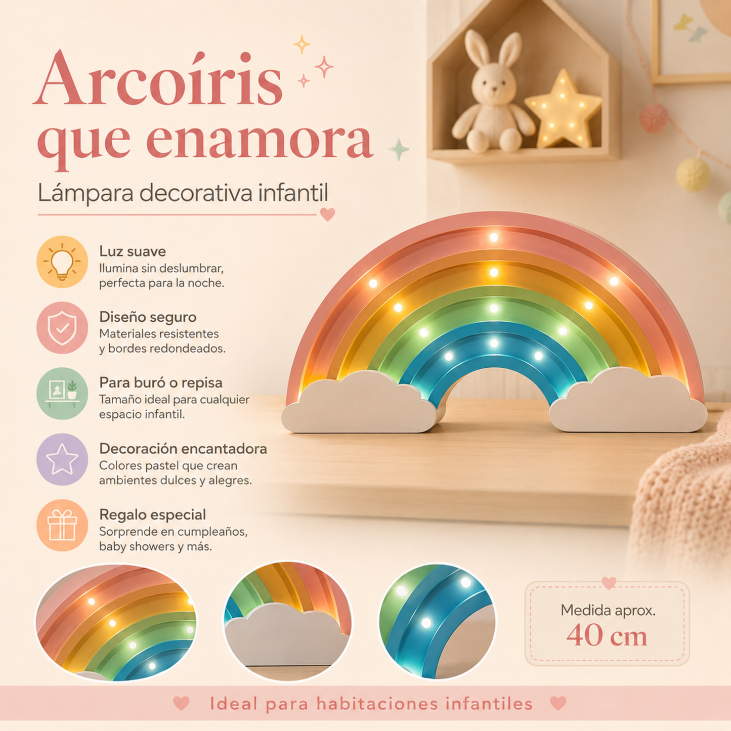Lámpara De Noche Arcoiris Infantil Led Para Recámara En Mdf 40 Cm
