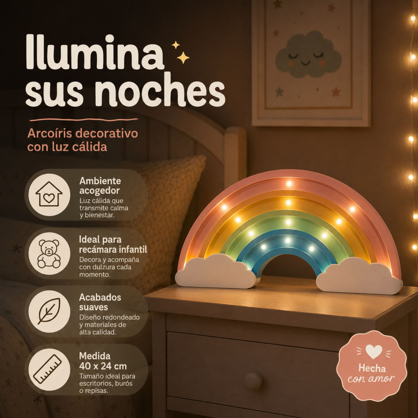Lámpara De Noche Arcoiris Infantil Led Para Recámara En Mdf 40 Cm