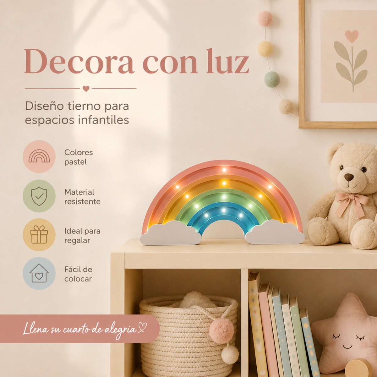Lámpara De Noche Arcoiris Infantil Led Para Recámara En Mdf 40 Cm