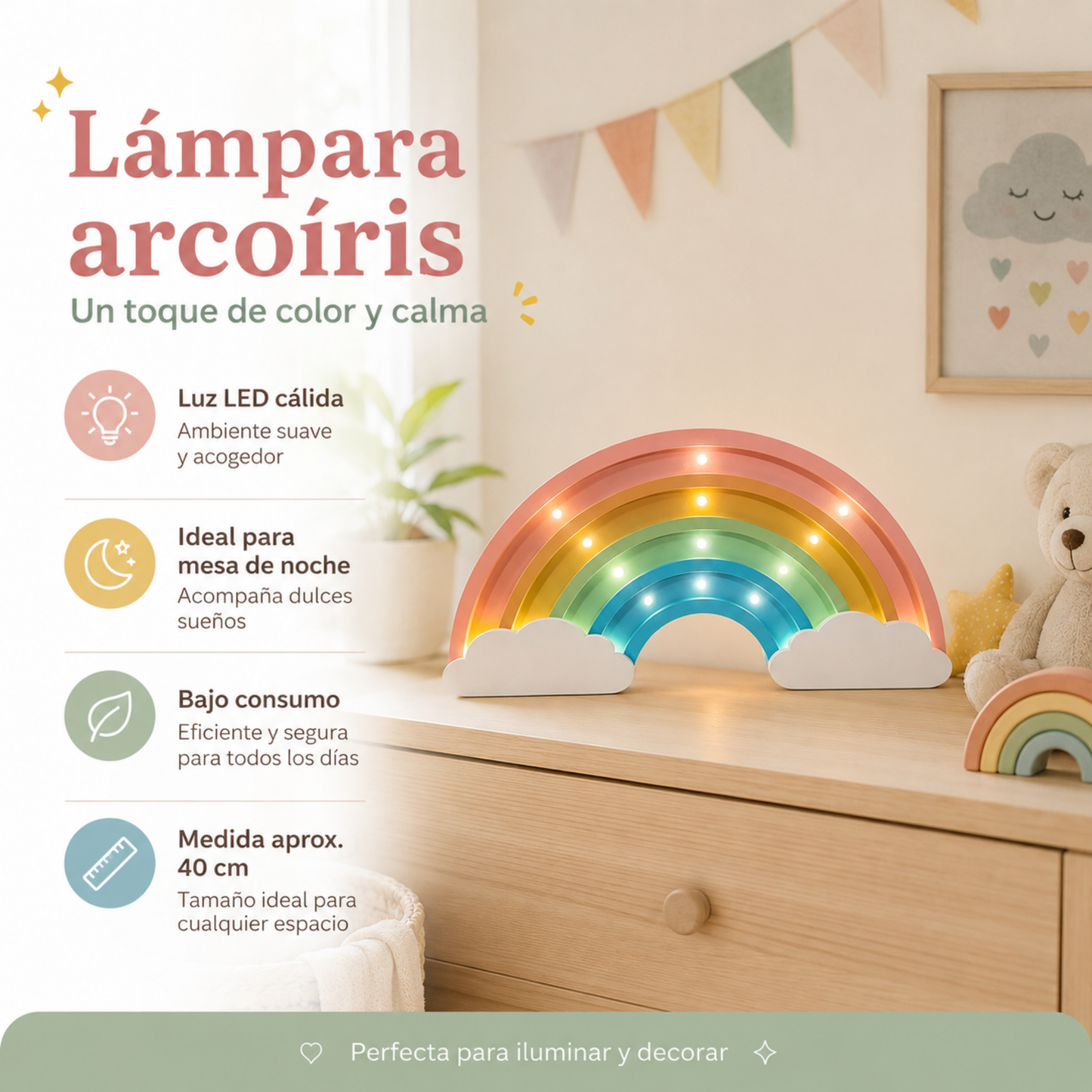 Lámpara De Noche Arcoiris Infantil Led Para Recámara En Mdf 40 Cm
