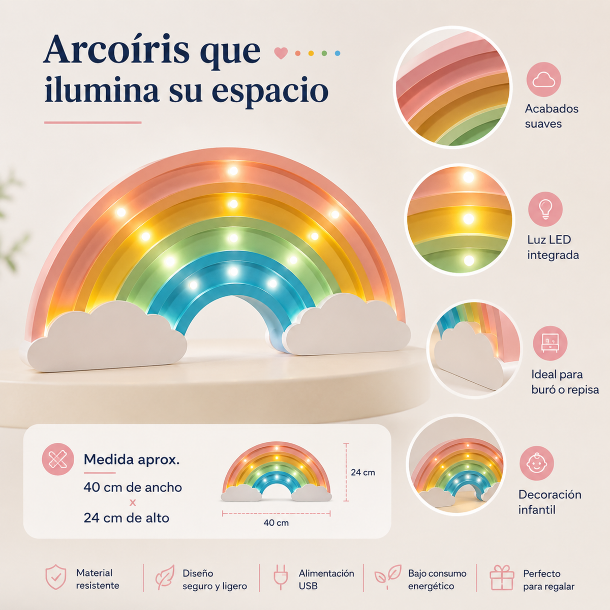 Lámpara De Noche Arcoiris Infantil Led Para Recámara En Mdf 40 Cm