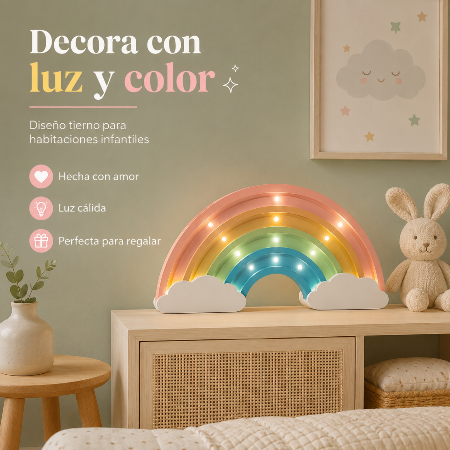 Lámpara De Noche Arcoiris Infantil Led Para Recámara En Mdf 40 Cm