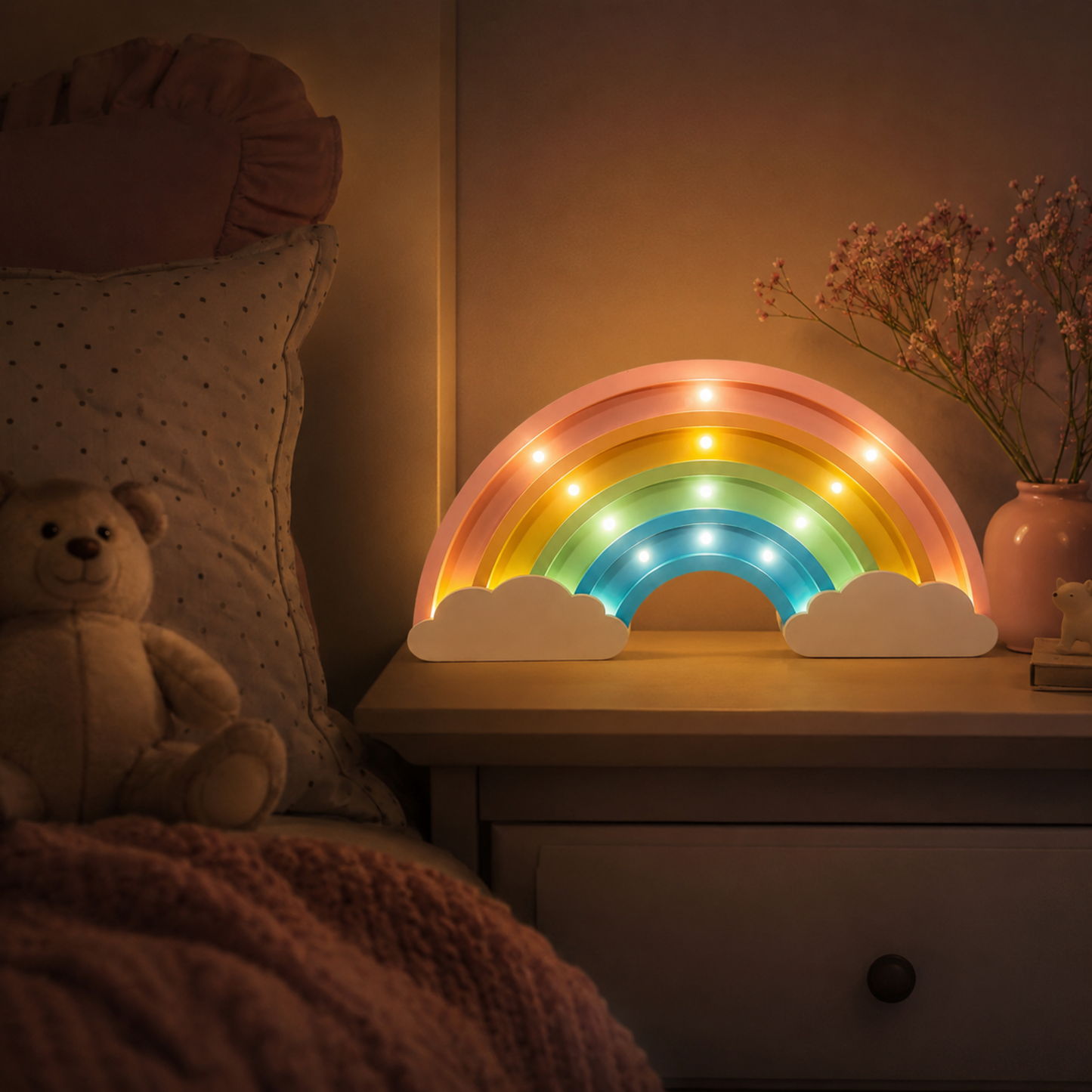 Lámpara De Noche Arcoiris Infantil Led Para Recámara En Mdf 40 Cm