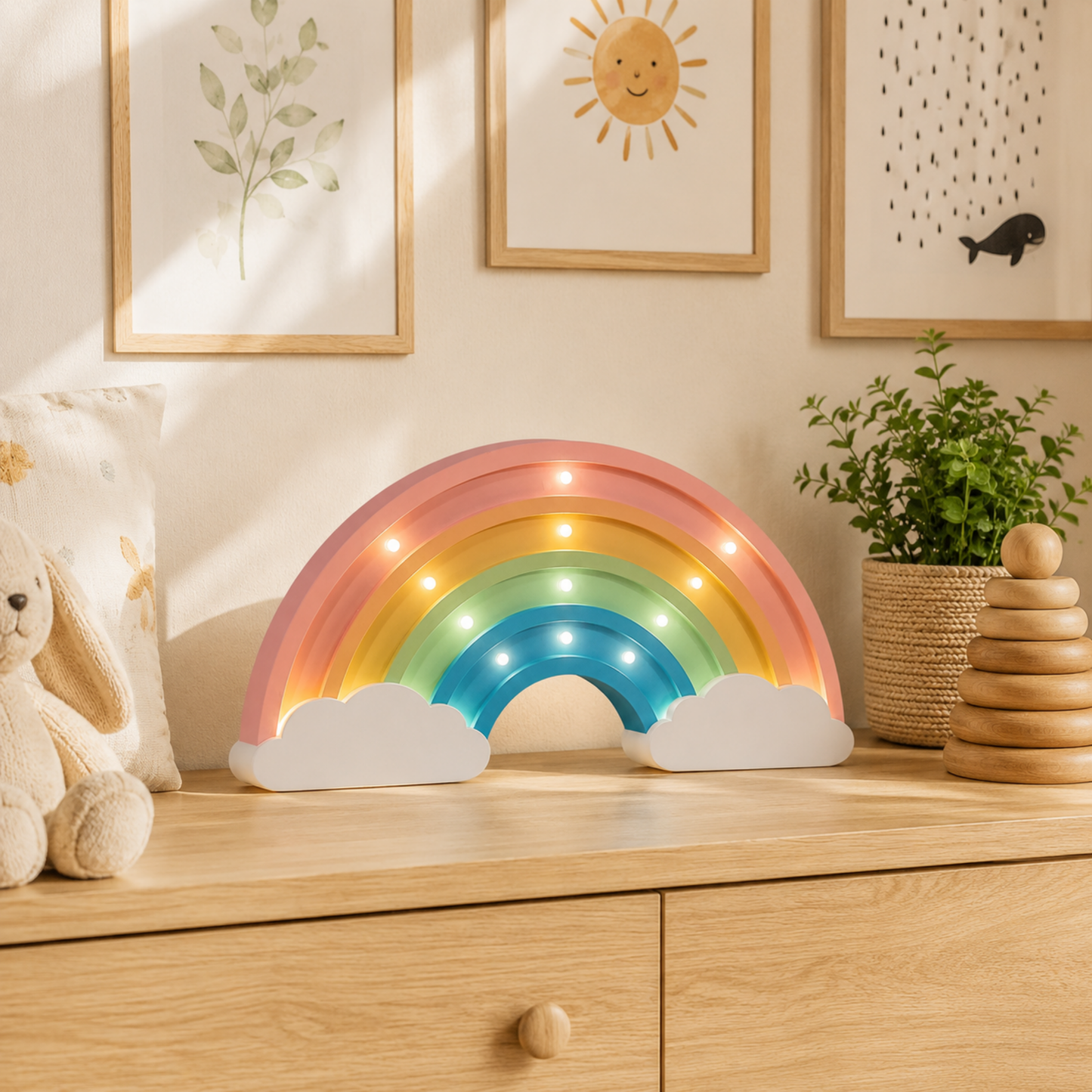 Lámpara De Noche Arcoiris Infantil Led Para Recámara En Mdf 40 Cm