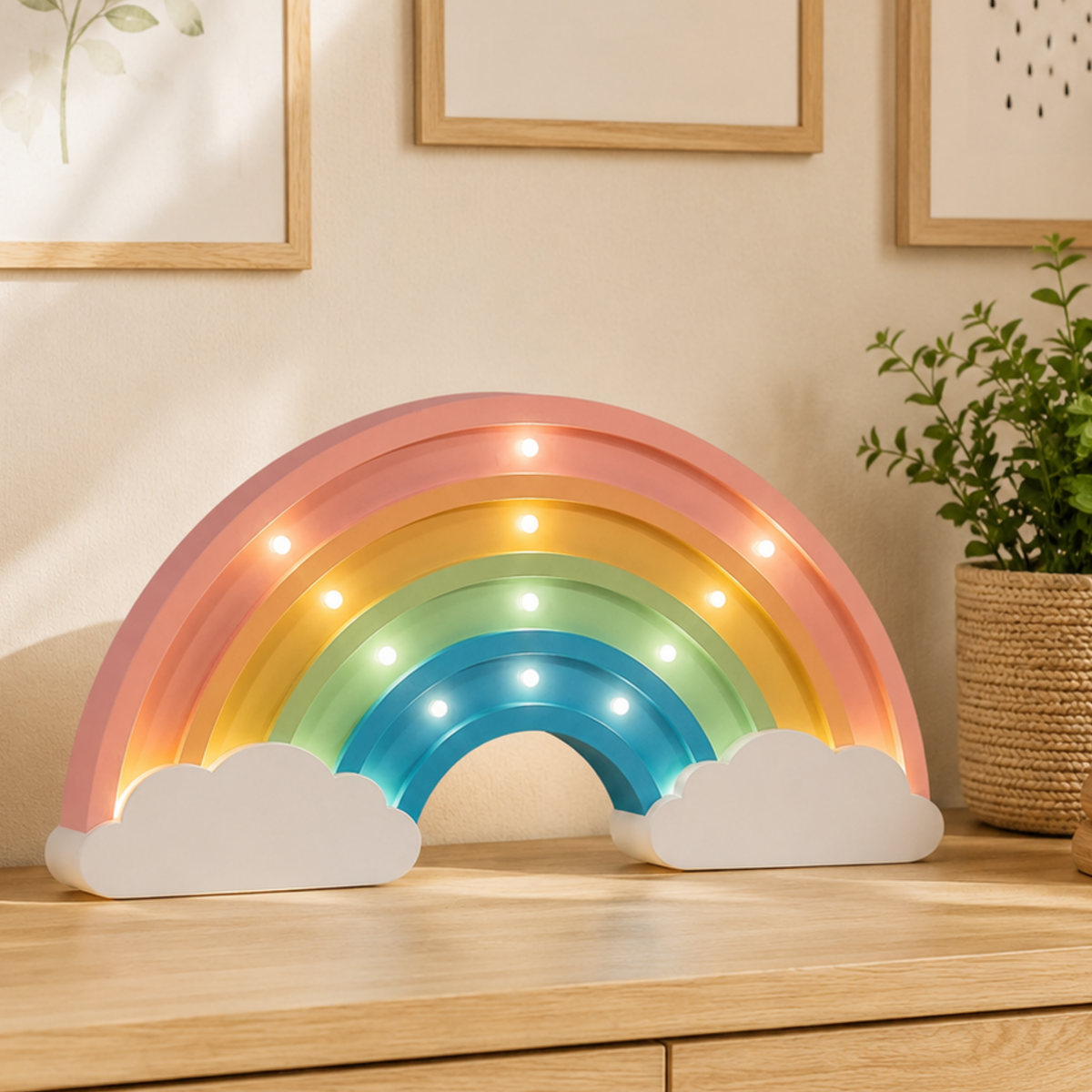 Lámpara De Noche Arcoiris Infantil Led Para Recámara En Mdf 40 Cm