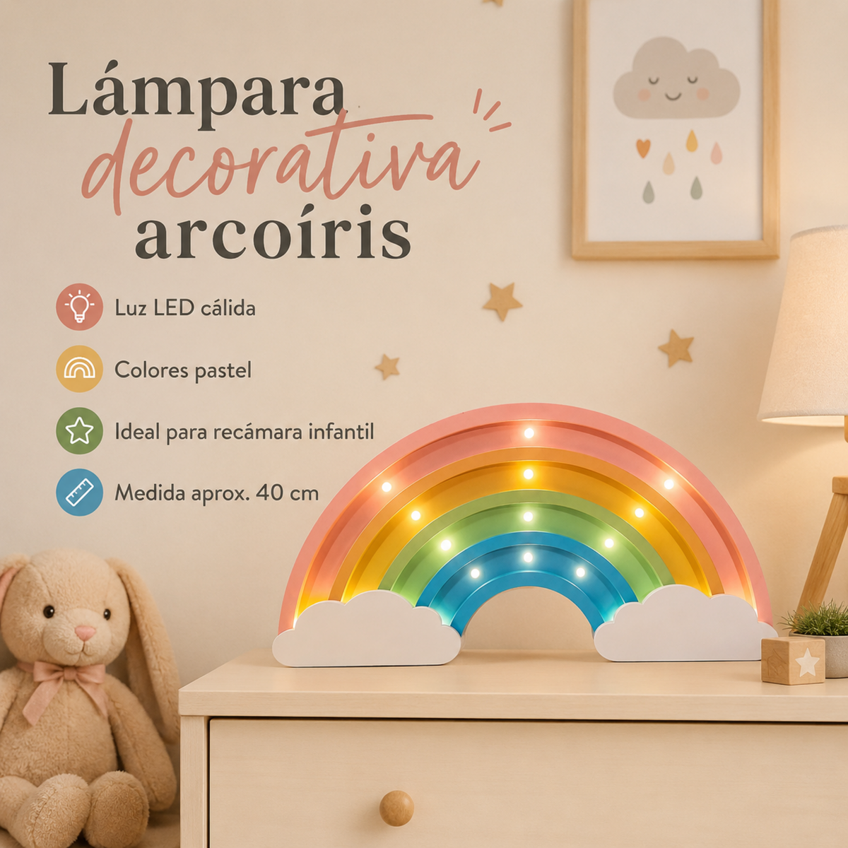 Lámpara De Noche Arcoiris Infantil Led Para Recámara En Mdf 40 Cm