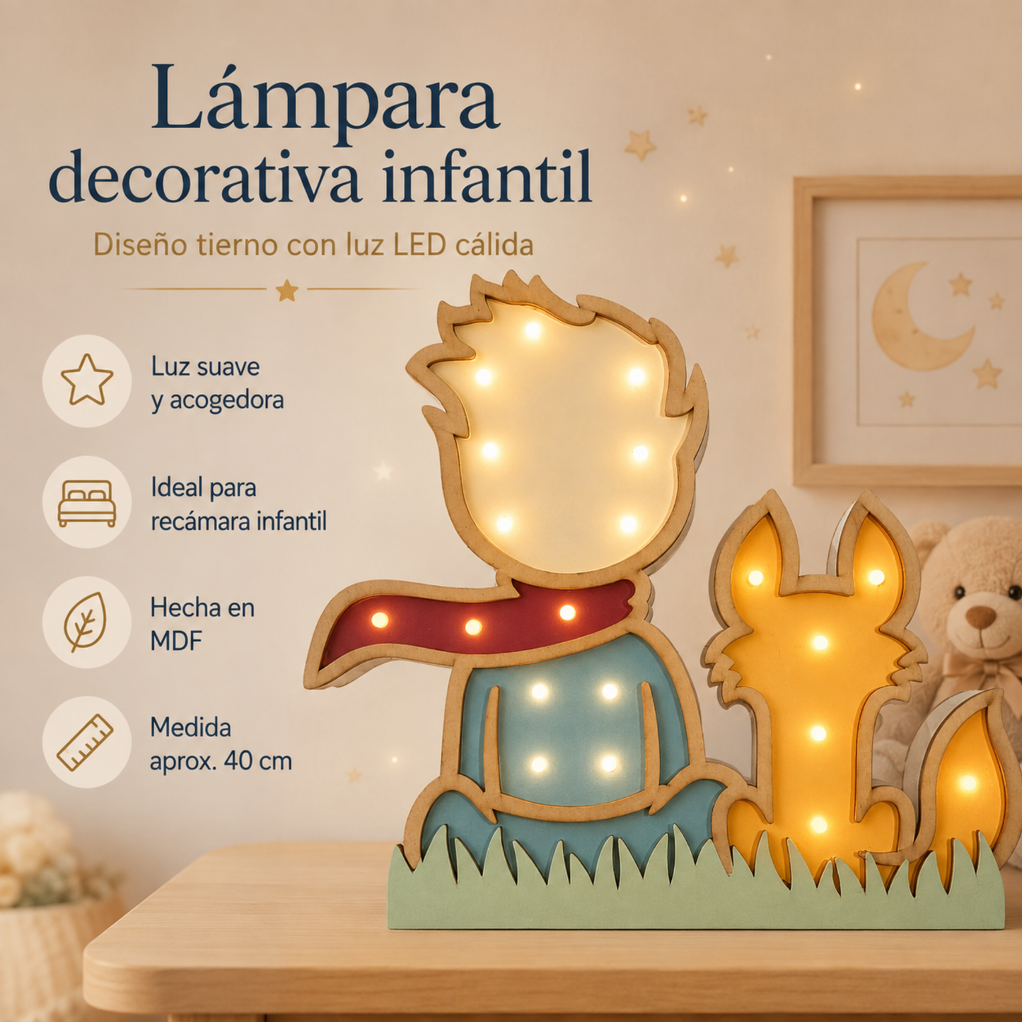 Lámpara De Noche Infantil Led Principito Para Recámara En Mdf 40 Cm