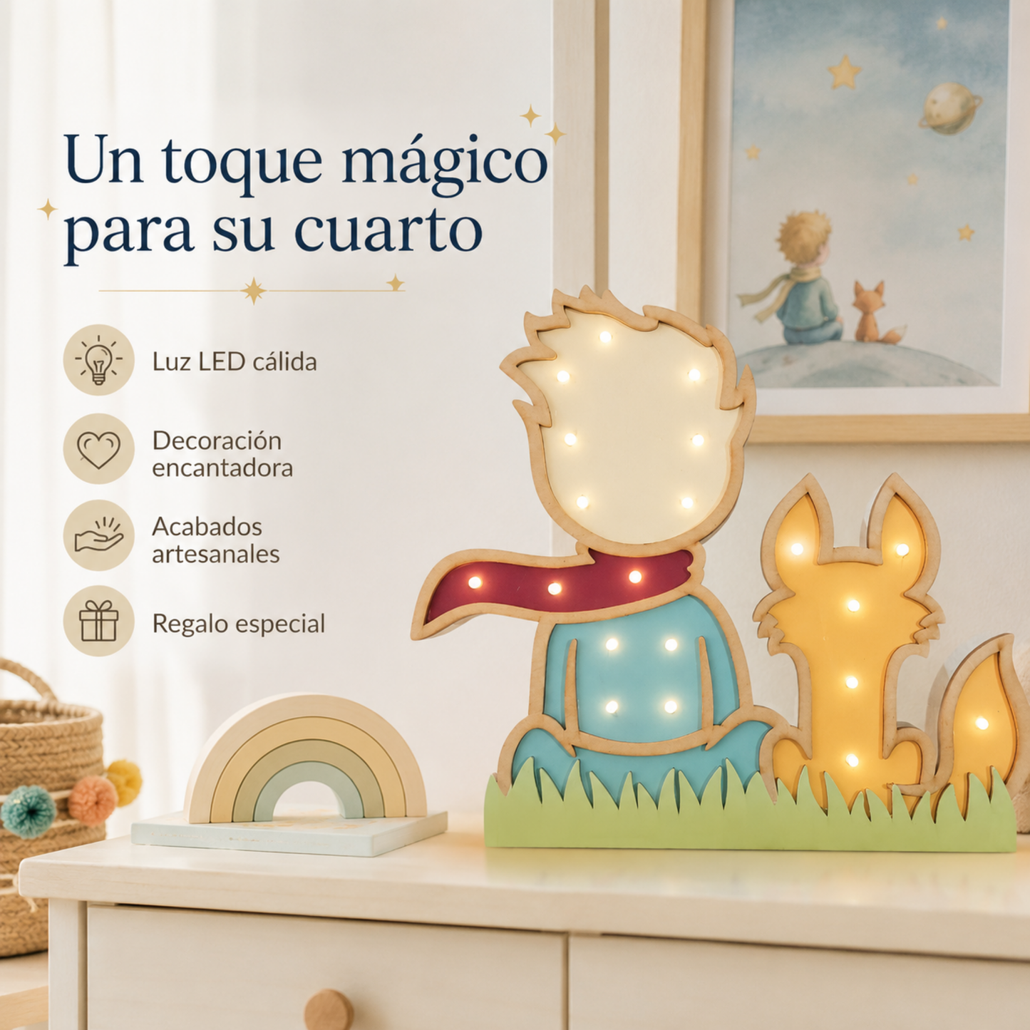 Lámpara De Noche Infantil Led Principito Para Recámara En Mdf 40 Cm