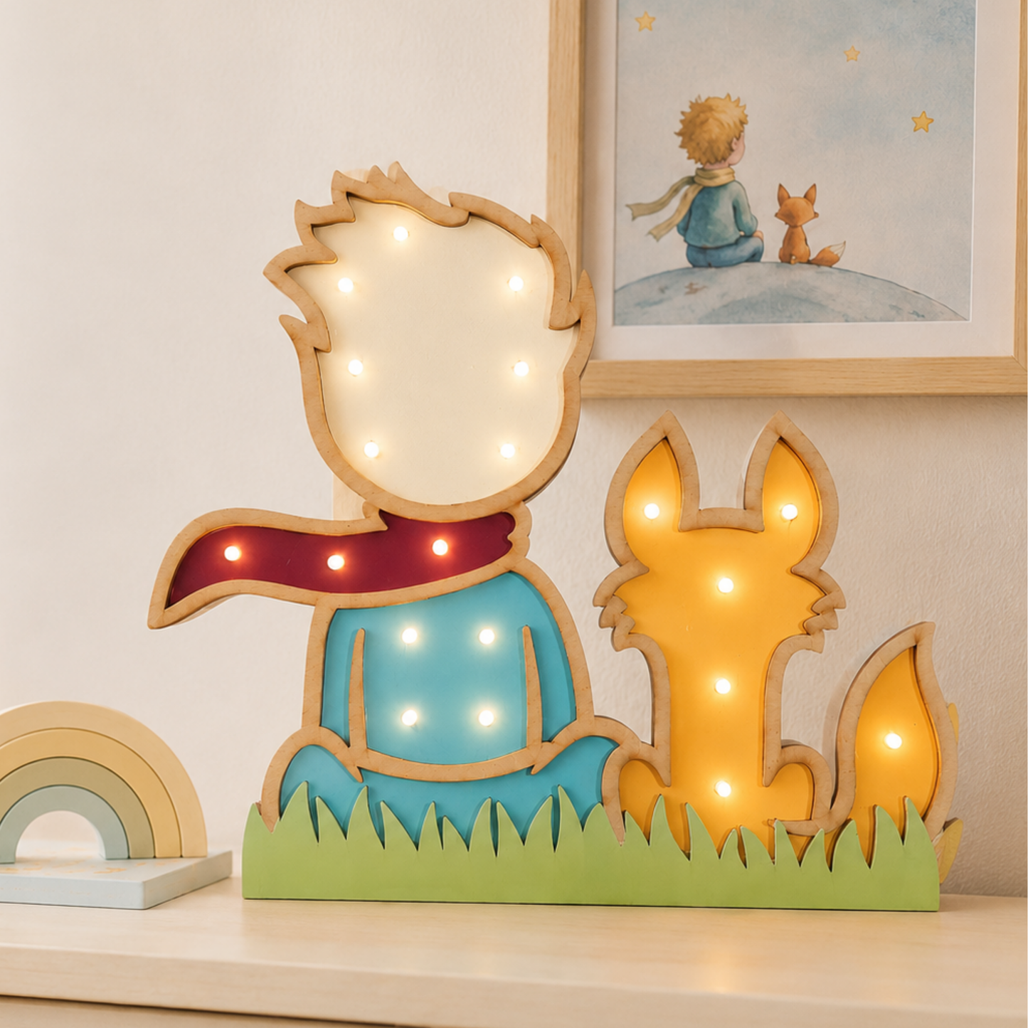Lámpara De Noche Infantil Led Principito Para Recámara En Mdf 40 Cm