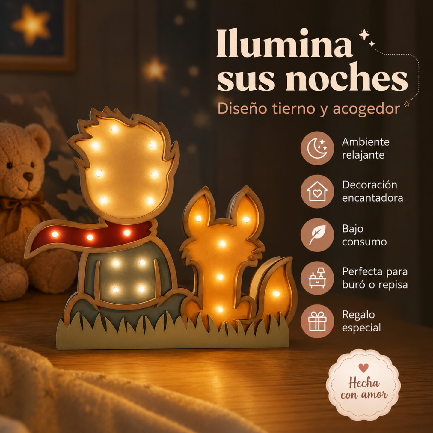 Lámpara De Noche Infantil Led Principito Para Recámara En Mdf 40 Cm