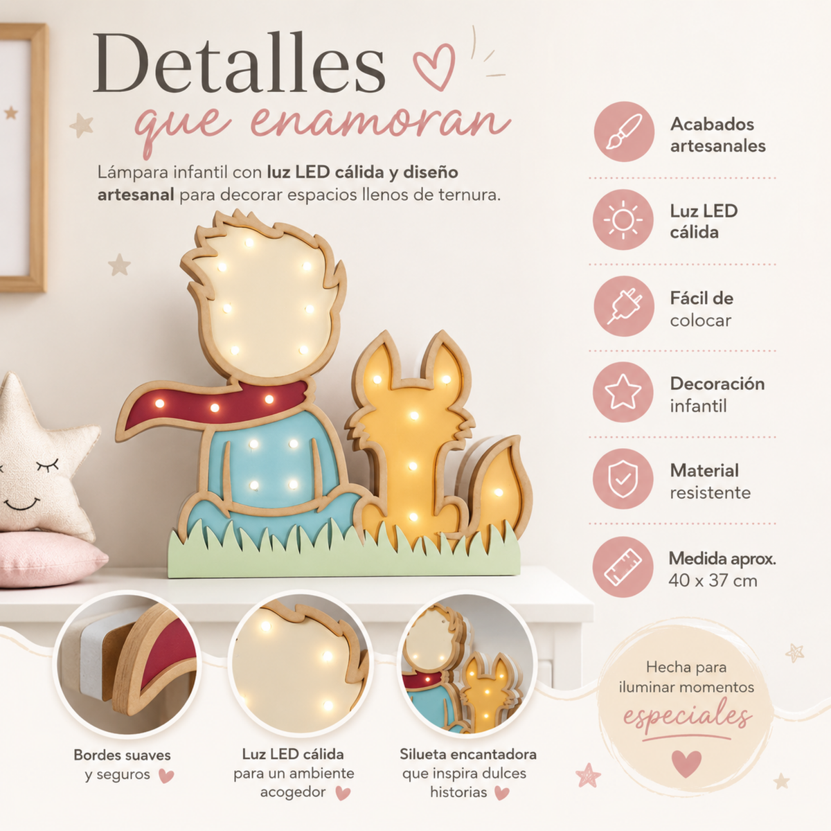 Lámpara De Noche Infantil Led Principito Para Recámara En Mdf 40 Cm