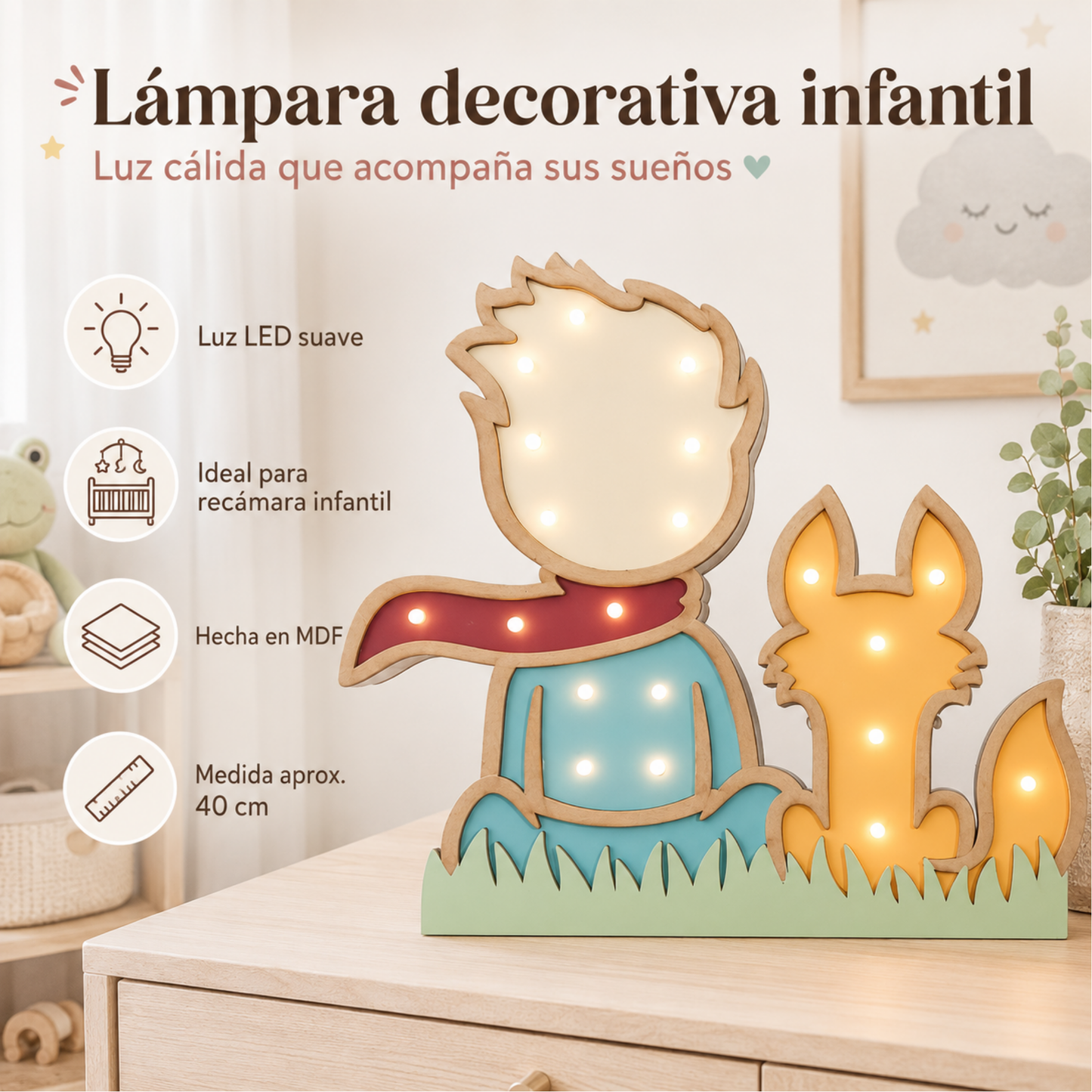 Lámpara De Noche Infantil Led Principito Para Recámara En Mdf 40 Cm