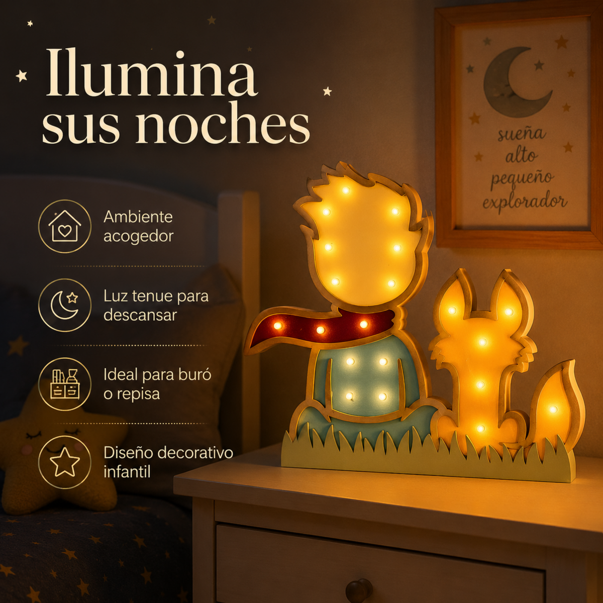 Lámpara De Noche Infantil Led Principito Para Recámara En Mdf 40 Cm