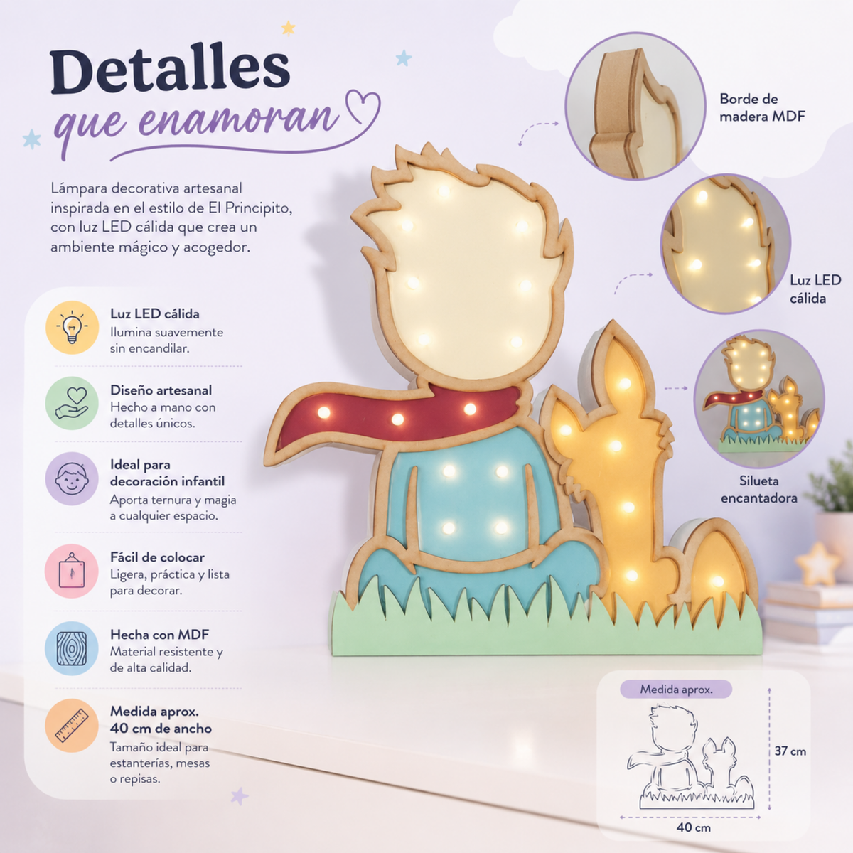 Lámpara De Noche Infantil Led Principito Para Recámara En Mdf 40 Cm