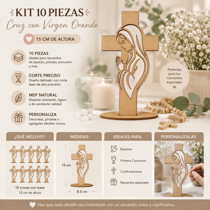 10pz Centros de Mesa  Recuerdos para Bautizo Primera Comunión XV años Cruz Virgen