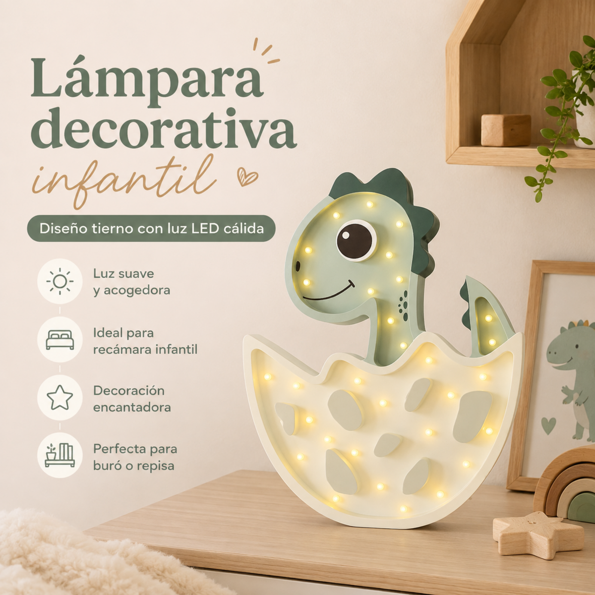 Lámpara De Noche Infantil Led Dino Huevo Para Recámara En Mdf 40 Cm