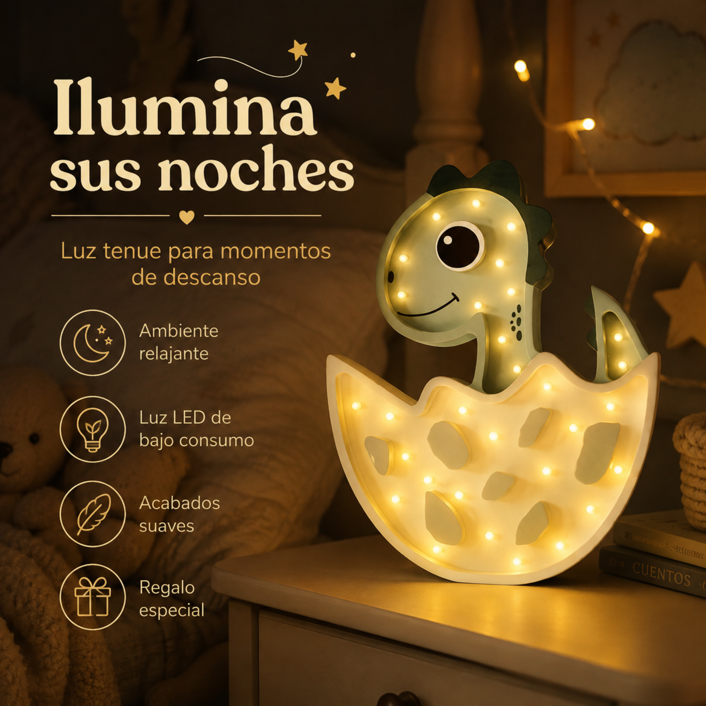 Lámpara De Noche Infantil Led Dino Huevo Para Recámara En Mdf 40 Cm