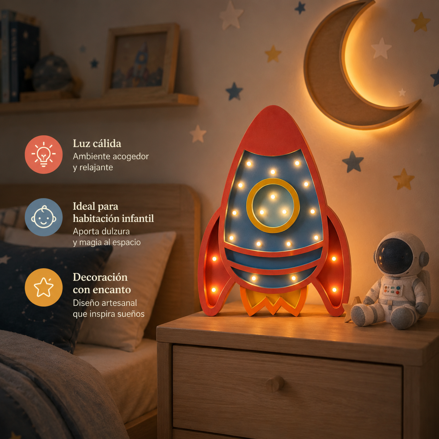 Lámpara De Noche Cohete Infantil Led Para Recámara En Mdf 40 Cm