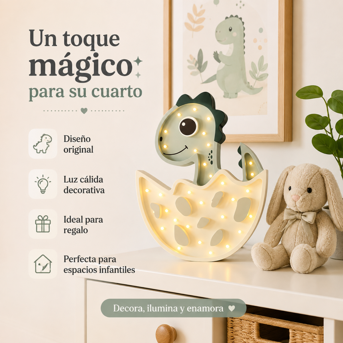 Lámpara De Noche Infantil Led Dino Huevo Para Recámara En Mdf 40 Cm