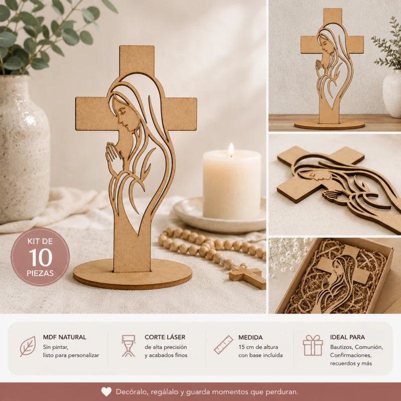 10pz Centros de Mesa  Recuerdos para Bautizo Primera Comunión XV años Cruz Virgen