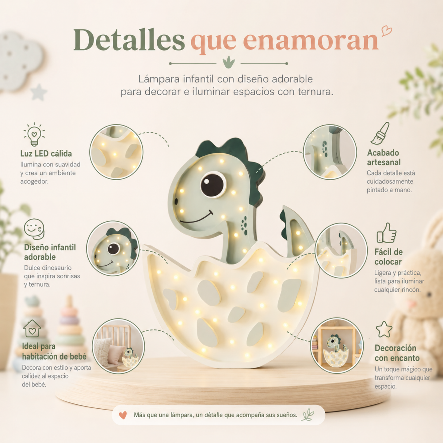 Lámpara De Noche Infantil Led Dino Huevo Para Recámara En Mdf 40 Cm