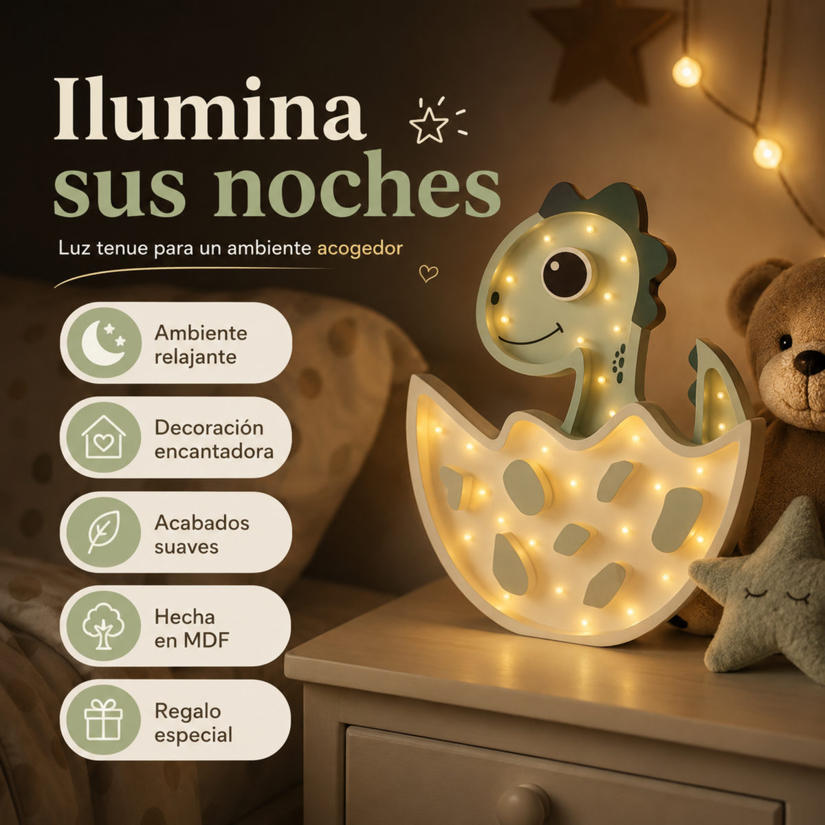Lámpara De Noche Infantil Led Dino Huevo Para Recámara En Mdf 40 Cm