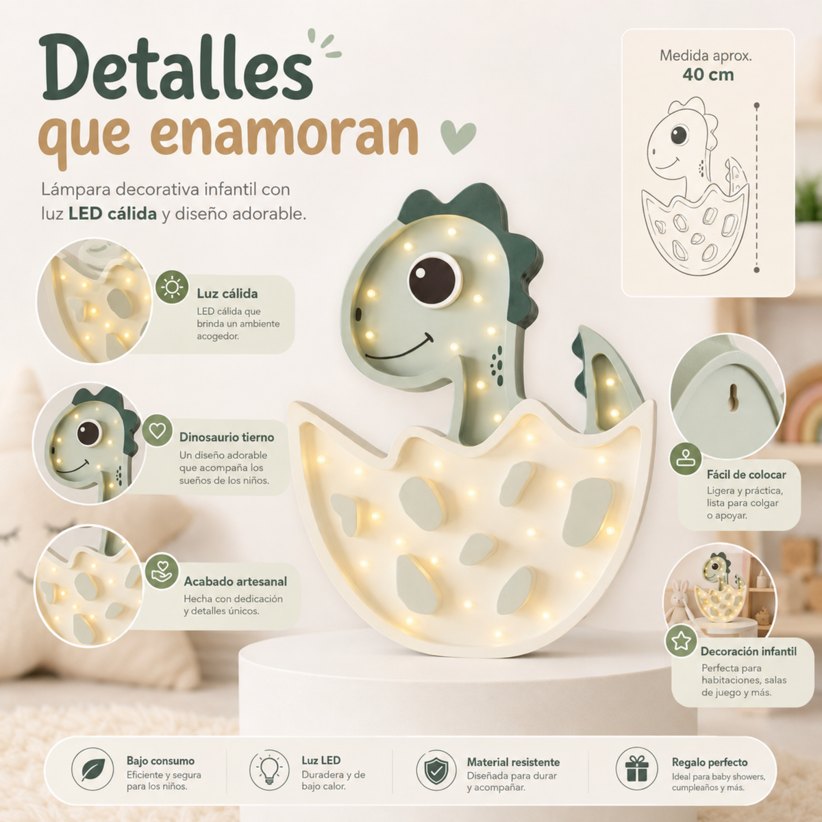 Lámpara De Noche Infantil Led Dino Huevo Para Recámara En Mdf 40 Cm