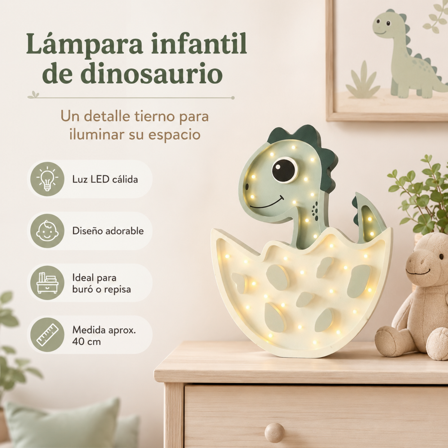 Lámpara De Noche Infantil Led Dino Huevo Para Recámara En Mdf 40 Cm