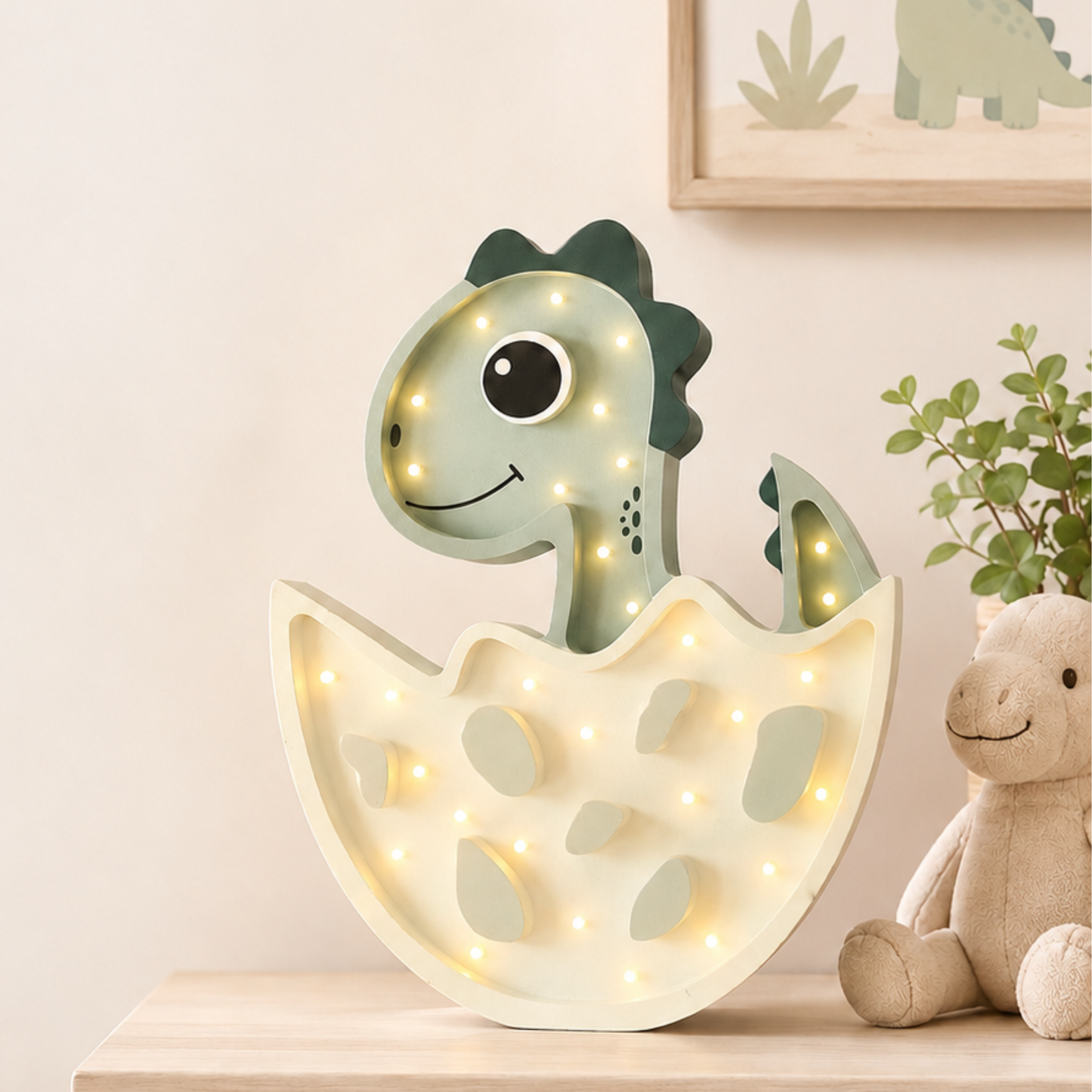 Lámpara De Noche Infantil Led Dino Huevo Para Recámara En Mdf 40 Cm