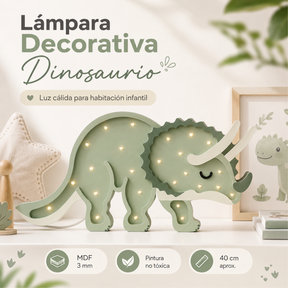 Lámpara De Noche Infantil Led Triceratops Para Recámara En Mdf 40 Cm