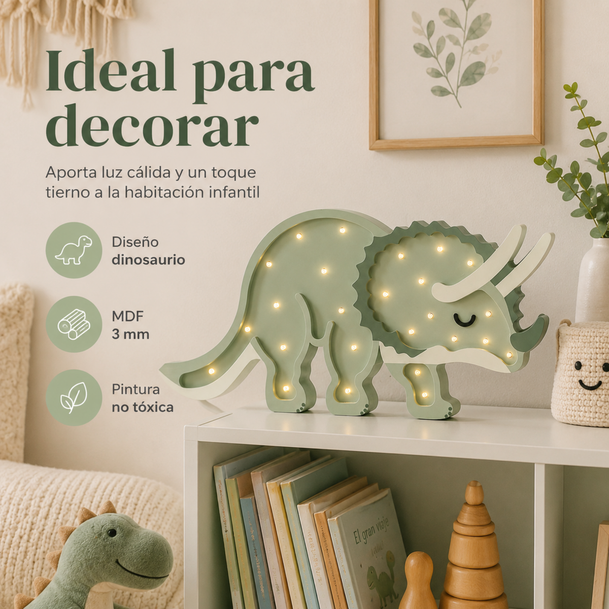 Lámpara De Noche Infantil Led Triceratops Para Recámara En Mdf 40 Cm