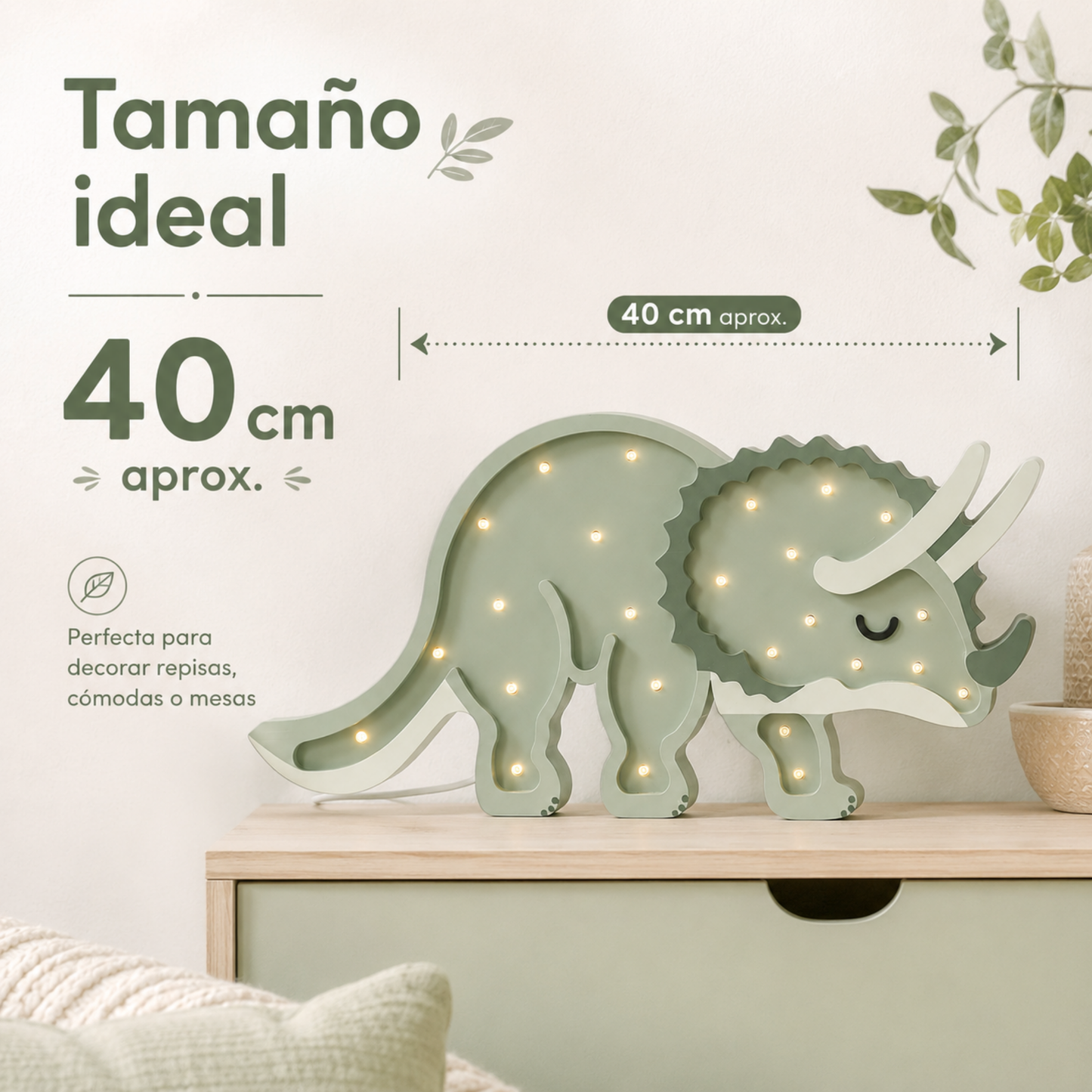 Lámpara De Noche Infantil Led Triceratops Para Recámara En Mdf 40 Cm