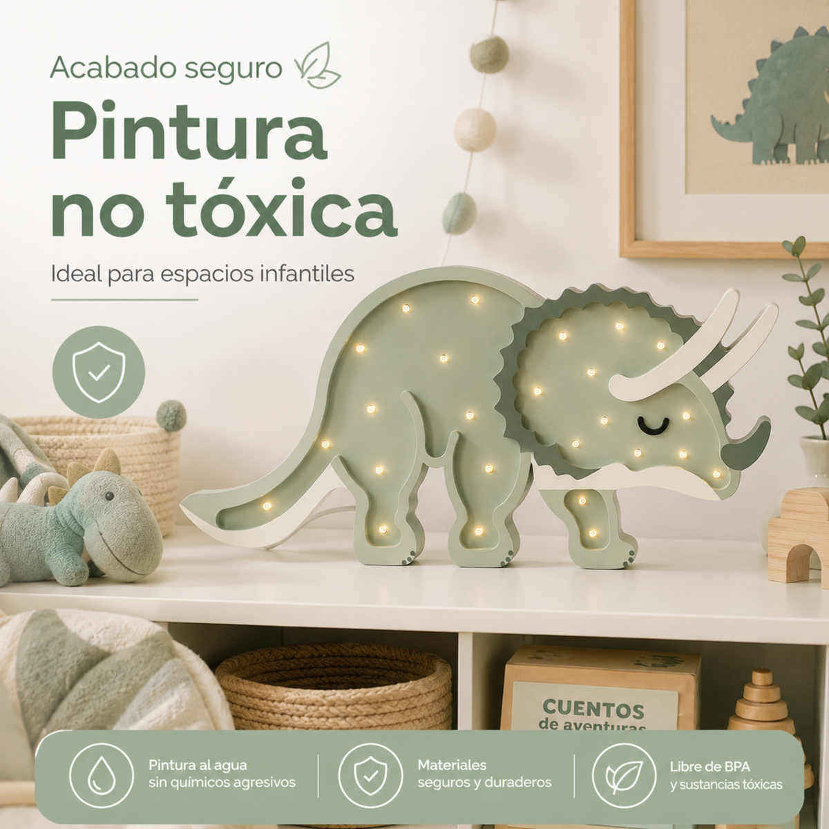 Lámpara De Noche Infantil Led Triceratops Para Recámara En Mdf 40 Cm